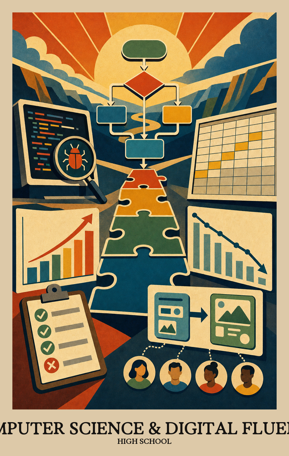 Illustration of what students learn in High School Computer Science & Digital Fluency