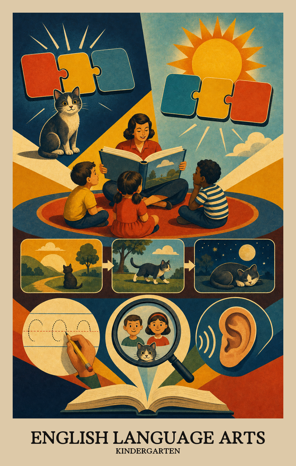 Illustration of what students learn in Kindergarten English Language Arts